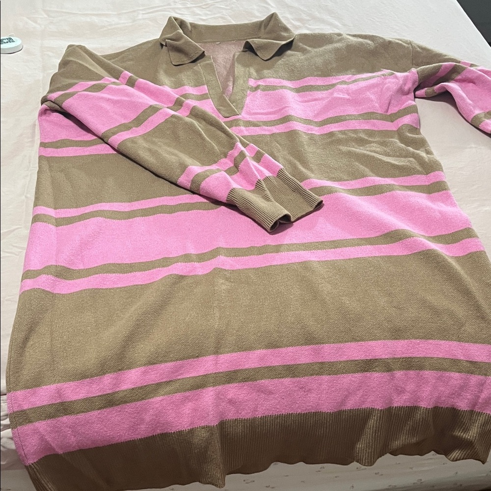 Anthropologie Pink and Tan V-Neck Sweater Dress